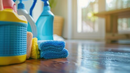 Cleaning supplies arranged on wooden floor - Household cleaning products and tools ready for use on a shiny wooden floor in well-lit room - obrazy, fototapety, plakaty