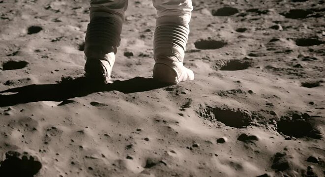Astronaut feet on the moon. First steps on the moon concept.