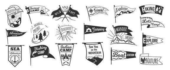 Camp pennants logo. Camping pennant retro emblem, varsity sport flag black sign explore travel club sketch lettering university sticker university symbol, neat vector illustration