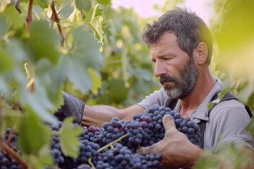 Dedicated Vineyard Worker Handpicking Ripe Grapes During Harvest Season in a Lush Vineyard - obrazy, fototapety, plakaty