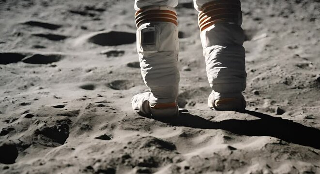 Astronaut feet on the moon. First steps on the moon concept.