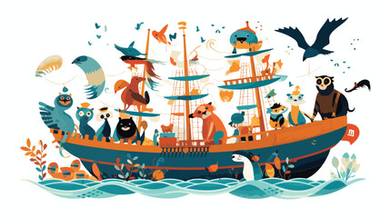 A whimsical scene of animals riding on a pirate shi