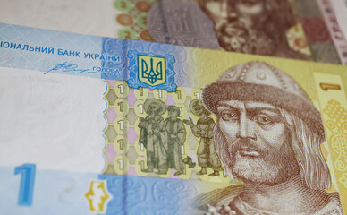 Closeup portrait of Volodymyr the Great of Kiev on  Ukraine one Hryvnia currency banknote