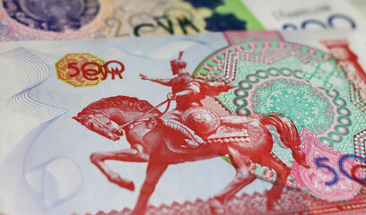 Closeup of Statue of Amir Temur (Tamerlane) in Tashkent on Uzbekistan 500 Sum currency banknote...