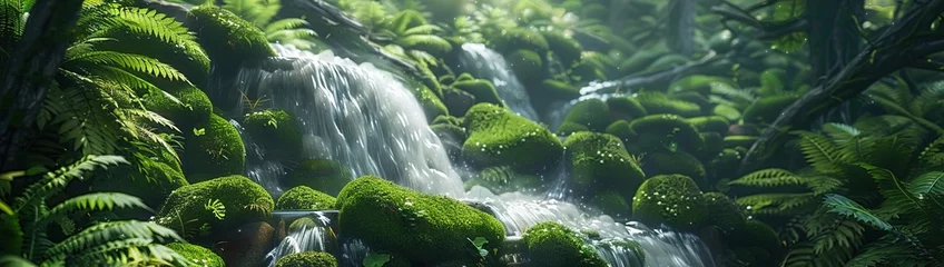 Foto auf Alu-Dibond A mystical waterfall cascading down moss-covered rocks in a lush, verdant forest setting. © Abdul