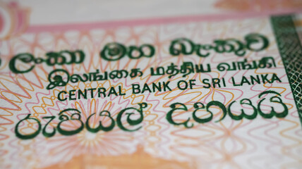 Closeup of Sri Lanka Rupee currency banknote with lettering of central bank