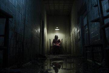 Mysterious Silhouette of a Person Sitting Alone Under a Single Light in a Dark, Creepy Corridor