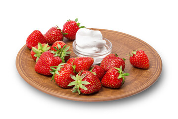 Strawberries with cream on a plate  isolated on white background with clipping path