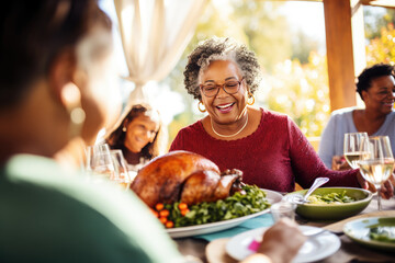 Joyful Family Gathering Around Thanksgiving Dinner Table with Roasted Turkey