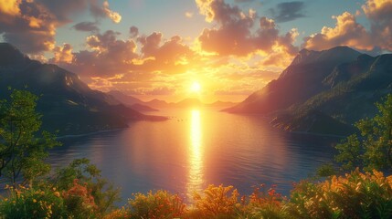 Scenic Sunset View Over Vast Calm Lake and Mountains - obrazy, fototapety, plakaty