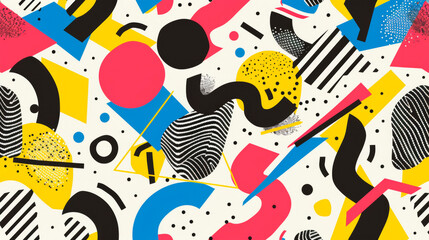 A dynamic burst of color with swirling shapes in black, yellow, pink, and blue creating a harmonious and lively abstract pattern. Banner. Copy space
