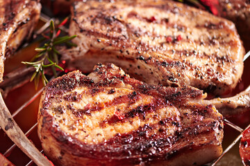 Grilling pork meat with bones