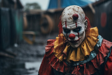 Sinister Clown with a Malevolent Grin Looming in a Dreary Rain-Soaked Alley