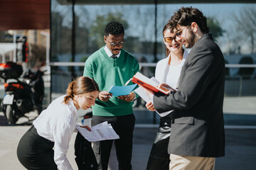 Professional businesspeople engage in a discussion outdoors in an urban city environment on a clear day.