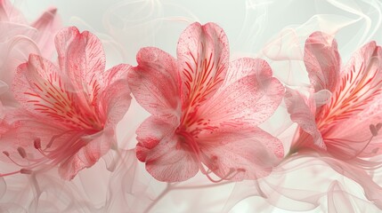 a group of pink flowers sitting next to each other on a white and pink background with smoke coming out of the petals.