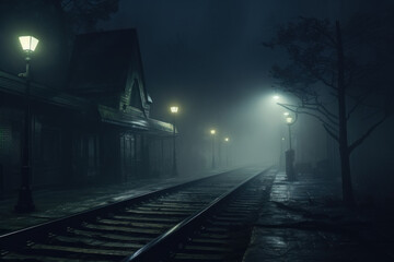 Mysterious Fog-Enshrouded Street with Glowing Lamp Posts and Railway Tracks