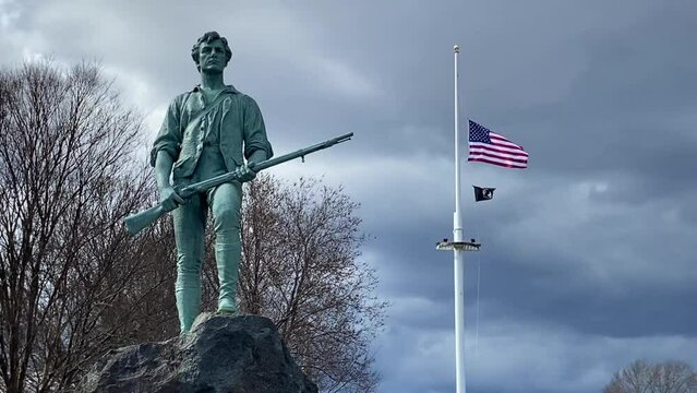 The famous Minuteman Statue of the Revolutionary War minuteman stands tall on Lexington Green Battle. It is here the Revolutionary War started on April 19, 1775.