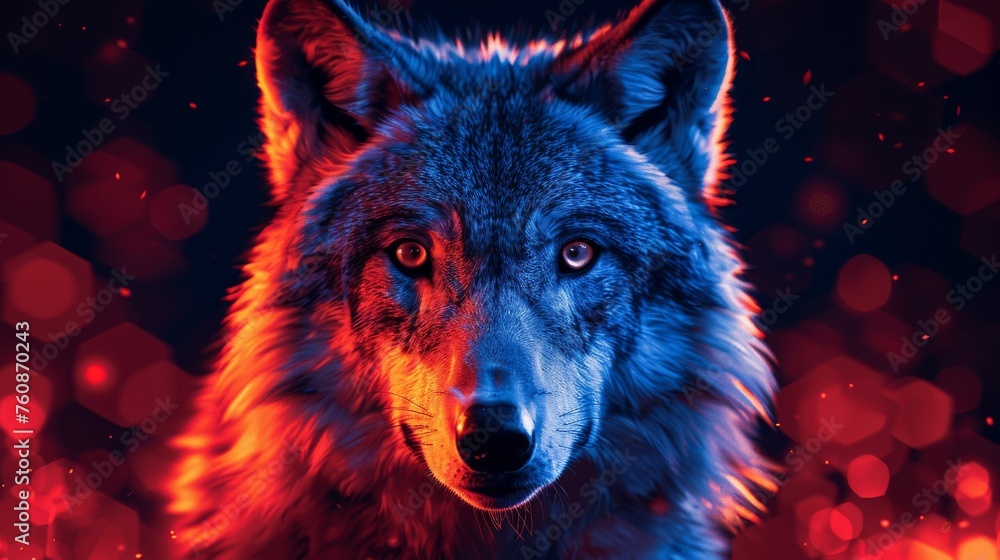 Poster a close up of a wolf's face on a dark background with red and orange lights in the background.