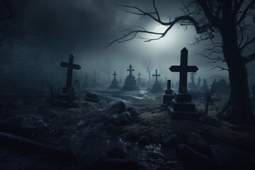 Mysterious Moonlit Cemetery with Eerie Grave Markers Amongst Misty Gothic Landscape