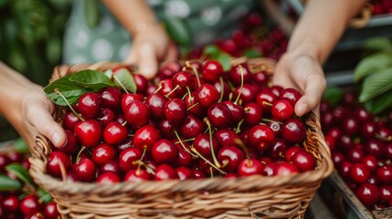 Fototapeta premium Farmers market with hands picking cherries from a basket. Farm Fresh Harvest