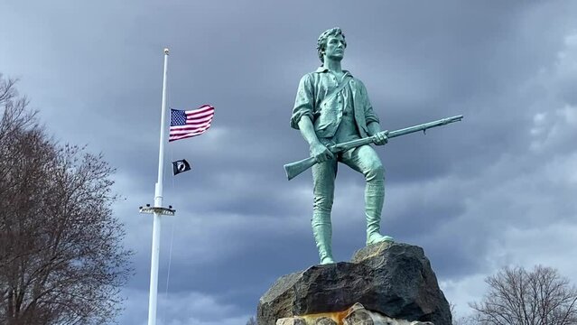 The famous Minuteman Statue of the Revolutionary War minuteman stands tall on Lexington Green Battle. It is here the Revolutionary War started on April 19, 1775.