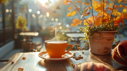 Naklejka na ściany i meble Cafe patio enjoying a warm cup of coffee in the morning sun.