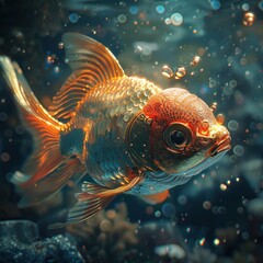 Golden shiny fish, close-up, in a dark pond, spotlight effect