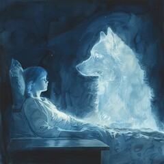 Ghost dog watching over a sleeping child, watercolor, night room, soft glow, protective stance - obrazy, fototapety, plakaty