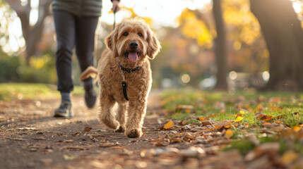 Park setting with hands holding a leash, taking a dog for a leisurely walk