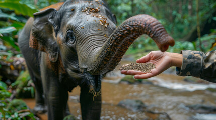 Jungle safari with hands holding out a treat to an elephant in the wild