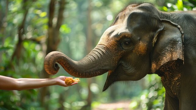 Jungle safari with hands holding out a treat to an elephant in the wild