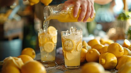 Lemonade stand with hands pouring refreshing lemonade into a cup