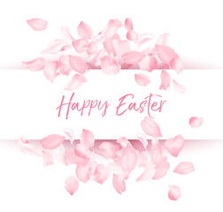 Happy Easter text in frame of flower petal falling confetti background. White border.