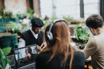 Multicultural group of people engaged in a video call at a cozy cafe setting.