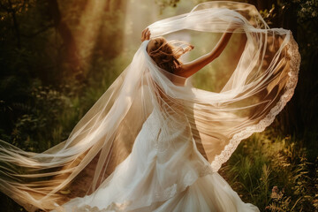 Ethereal Bride with Veil Billowing in Golden Forest Light on Her Majestic Wedding Day