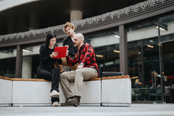Three business professionals engaged in discussion while looking at a digital tablet outside a modern office building.