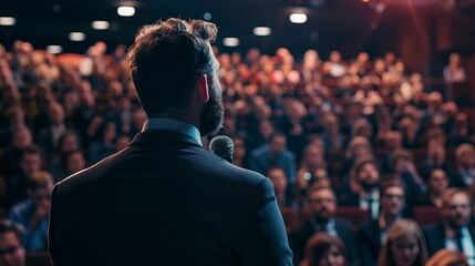 Motivational speaker with headset performing on stage - obrazy, fototapety, plakaty