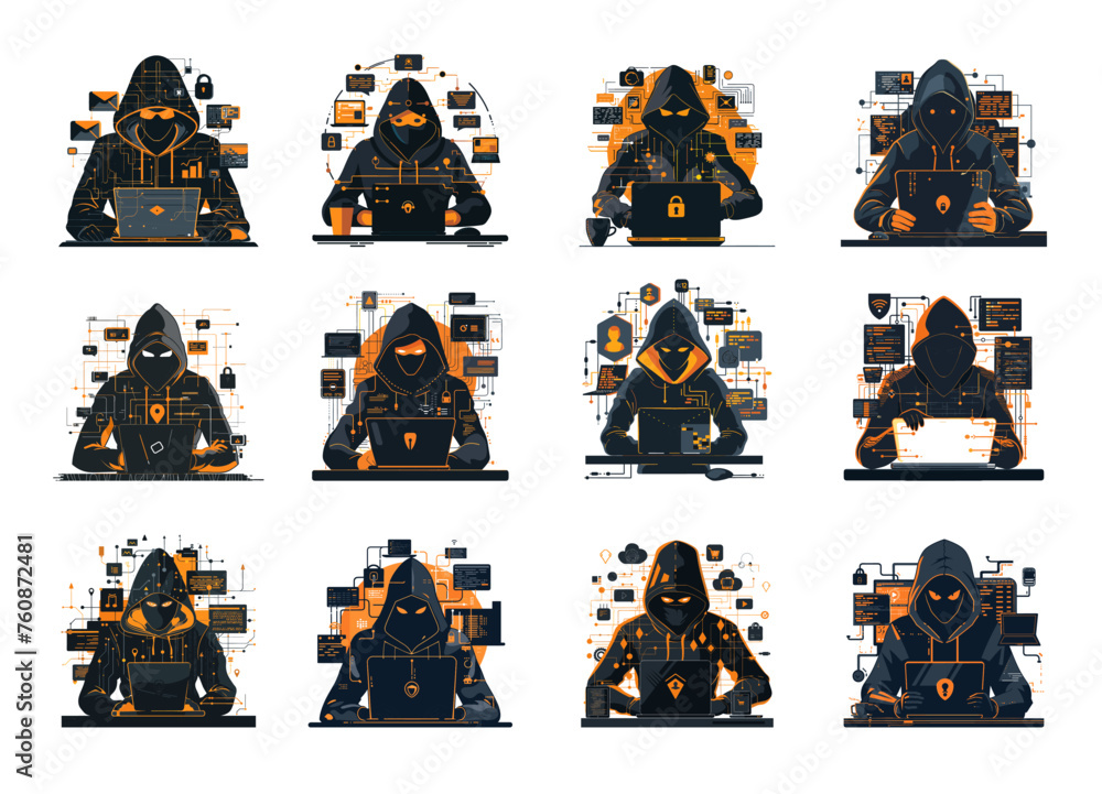 Poster hacker cyber crime cartoon concepts vector set. hood laptop attacker computer equipment making virus