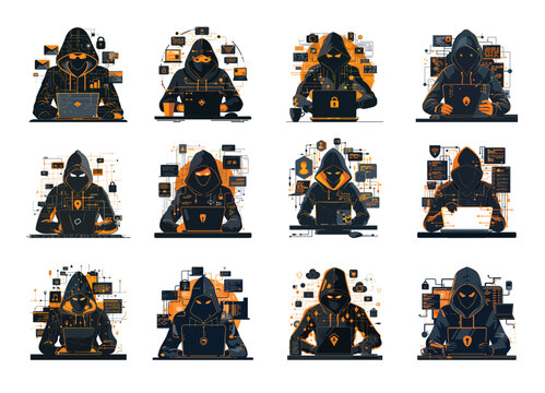 Hacker cyber crime cartoon concepts vector set. Hood laptop attacker computer equipment making viruses spyware character steals data hacking mail files, illustrations isolated on white background