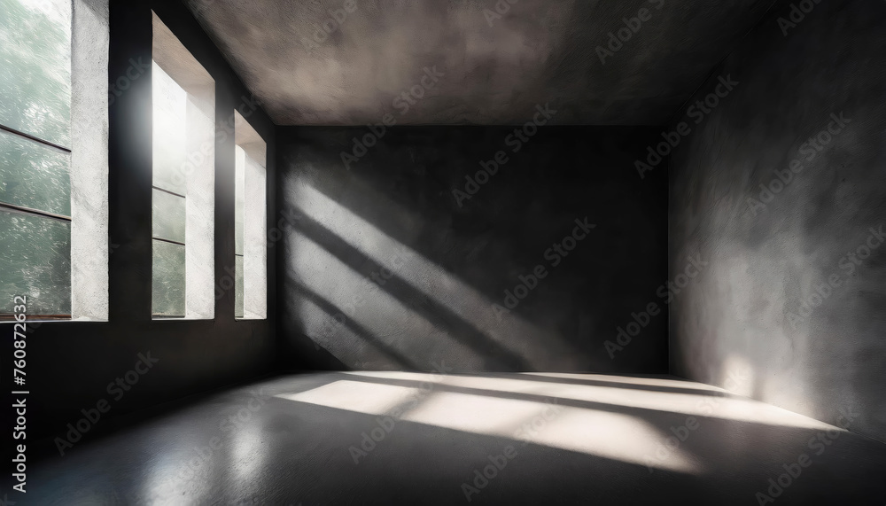 Poster a room with a window and a black rough plaster wall, smooth concrete floor. the room is empty and th