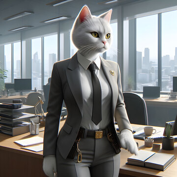 Created using artificial intelligence, this female and charming detective cat stands confidently in an office dressed in a suit
