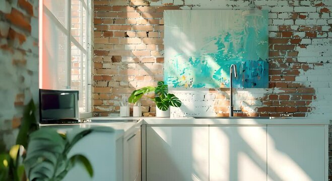 Harmonious Blend: White and Turquoise Kitchen Interior with Sink, Plant, and Abstract Painting on Brick Wall, Refreshing Modern Atmosphere with Warmth and Character
