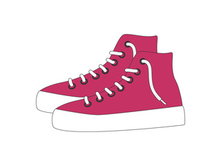 Pair of girly pink Sneakers isolated on white. Flat design drawn girl shoes. Casual boots for walking. Teenage sport footwear. Side view Clothing element for design