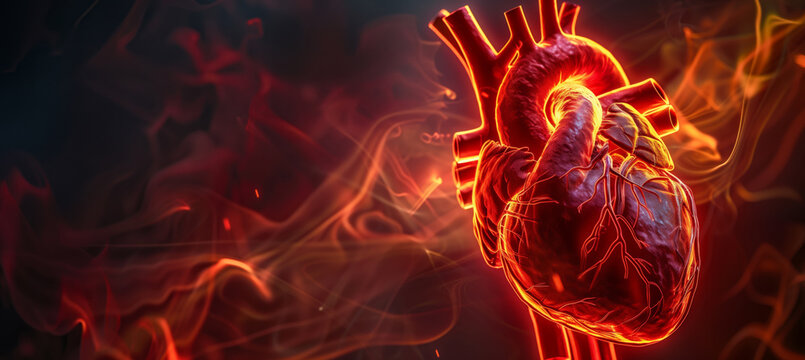 3D model of human heart, holographic image of heart rhythm on heart background, heartbeat rhythm