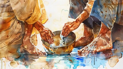 Jesus is washing of the feet, maundy holy thursday, Watercolor Biblical Illustration, copy space, 16:9