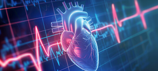 3D model of human heart, holographic image of heart rhythm on heart background, heartbeat rhythm