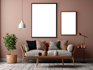 Modern interior with AI-generated mockup paintings on the wall, created using artificial intelligence AI generation