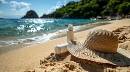 Summer Beach Essentials with Sunhat and Sunscreen