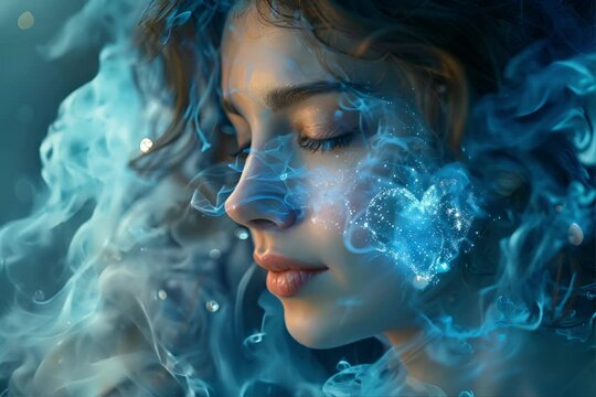 Womans Face Emitting Blue Smoke