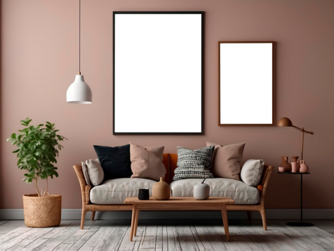 Modern interior with AI-generated mockup paintings on the wall, created using artificial intelligence AI generation